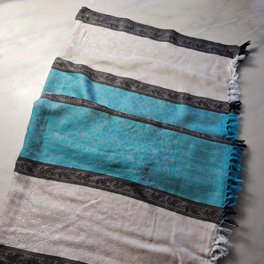 Striped Scarf‎ Wrap Shawl with Tassels - Beige, Blue, Black Accent